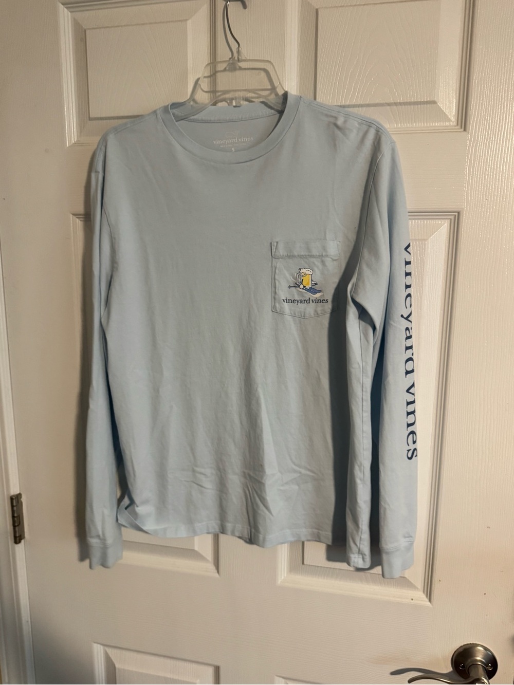 Vineyard Vines Light Blue Long-Sleeve Pocket Tee with Sleeve Logo